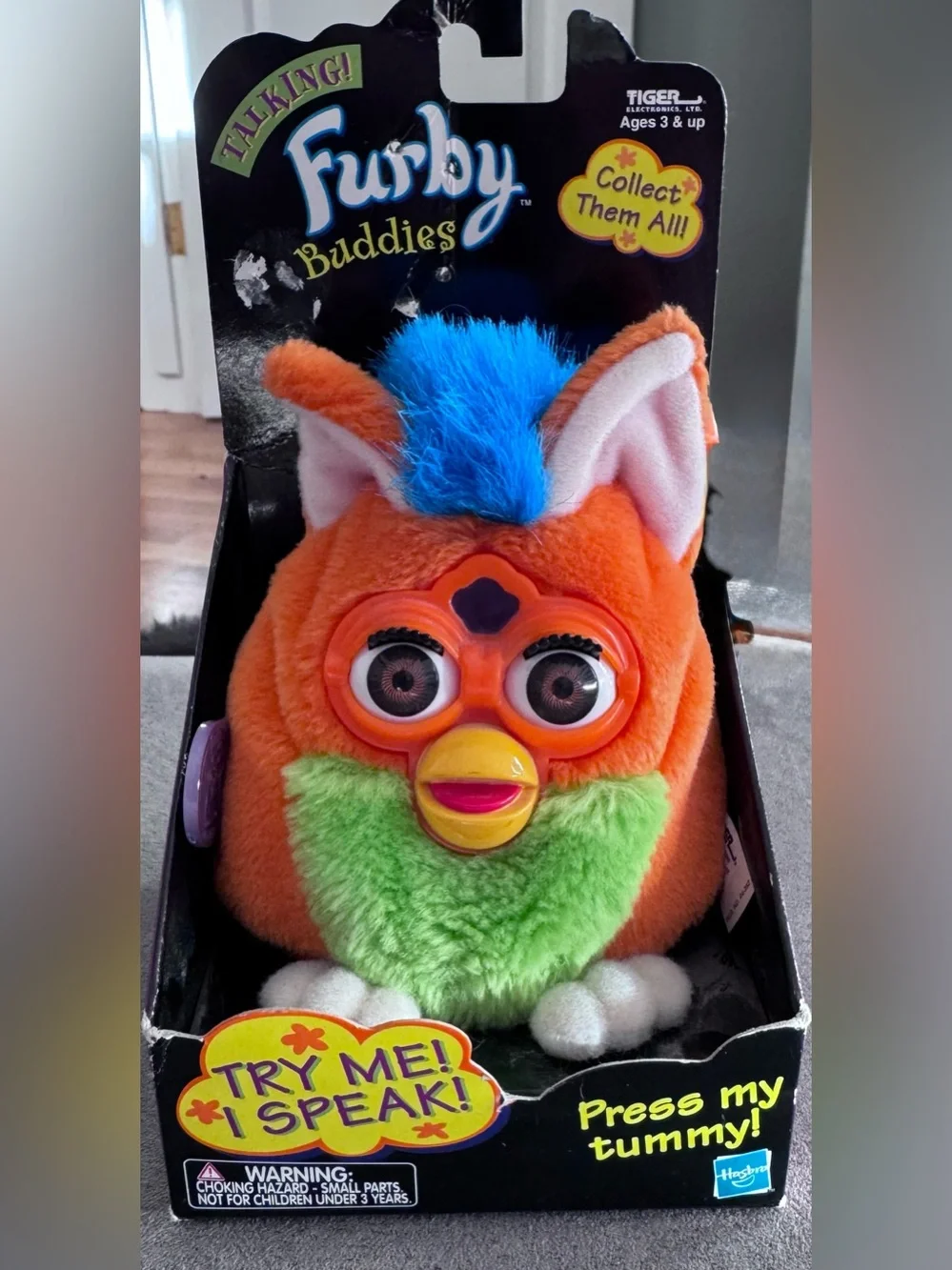 Vintage Furby Buddies Plush Toy - Orange with Blue & Green, New in Original Pkg